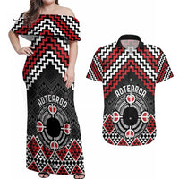 Personalised Aotearoa Niho Taniwha Motif Couples Matching Off Shoulder Maxi Dress and Hawaiian Shirt Red Style
