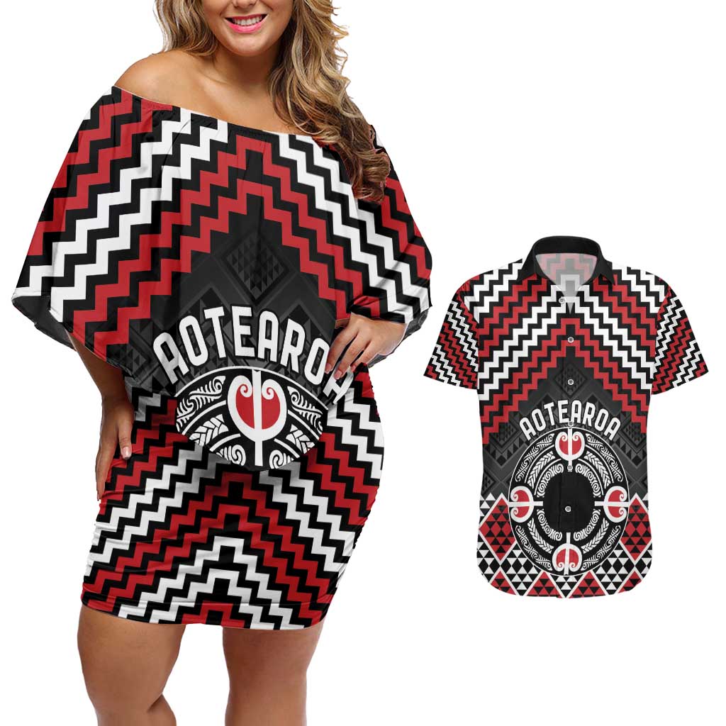 Personalised Aotearoa Niho Taniwha Motif Couples Matching Off Shoulder Short Dress and Hawaiian Shirt Red Style