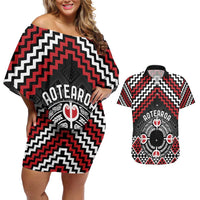 Personalised Aotearoa Niho Taniwha Motif Couples Matching Off Shoulder Short Dress and Hawaiian Shirt Red Style