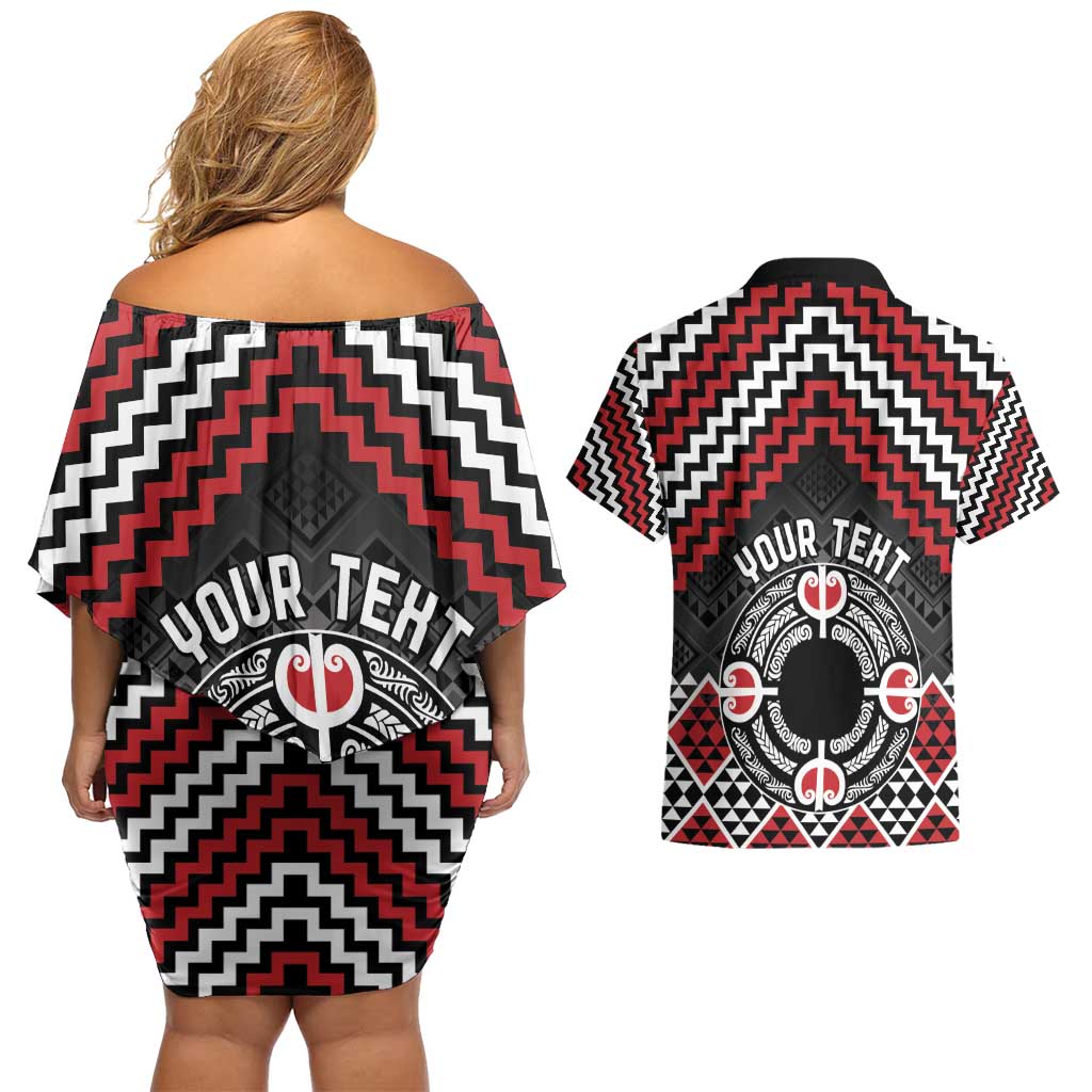 Personalised Aotearoa Niho Taniwha Motif Couples Matching Off Shoulder Short Dress and Hawaiian Shirt Red Style