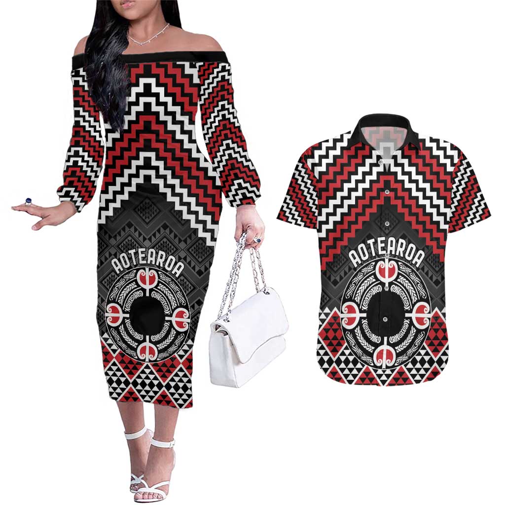 Personalised Aotearoa Niho Taniwha Motif Couples Matching Off The Shoulder Long Sleeve Dress and Hawaiian Shirt Red Style