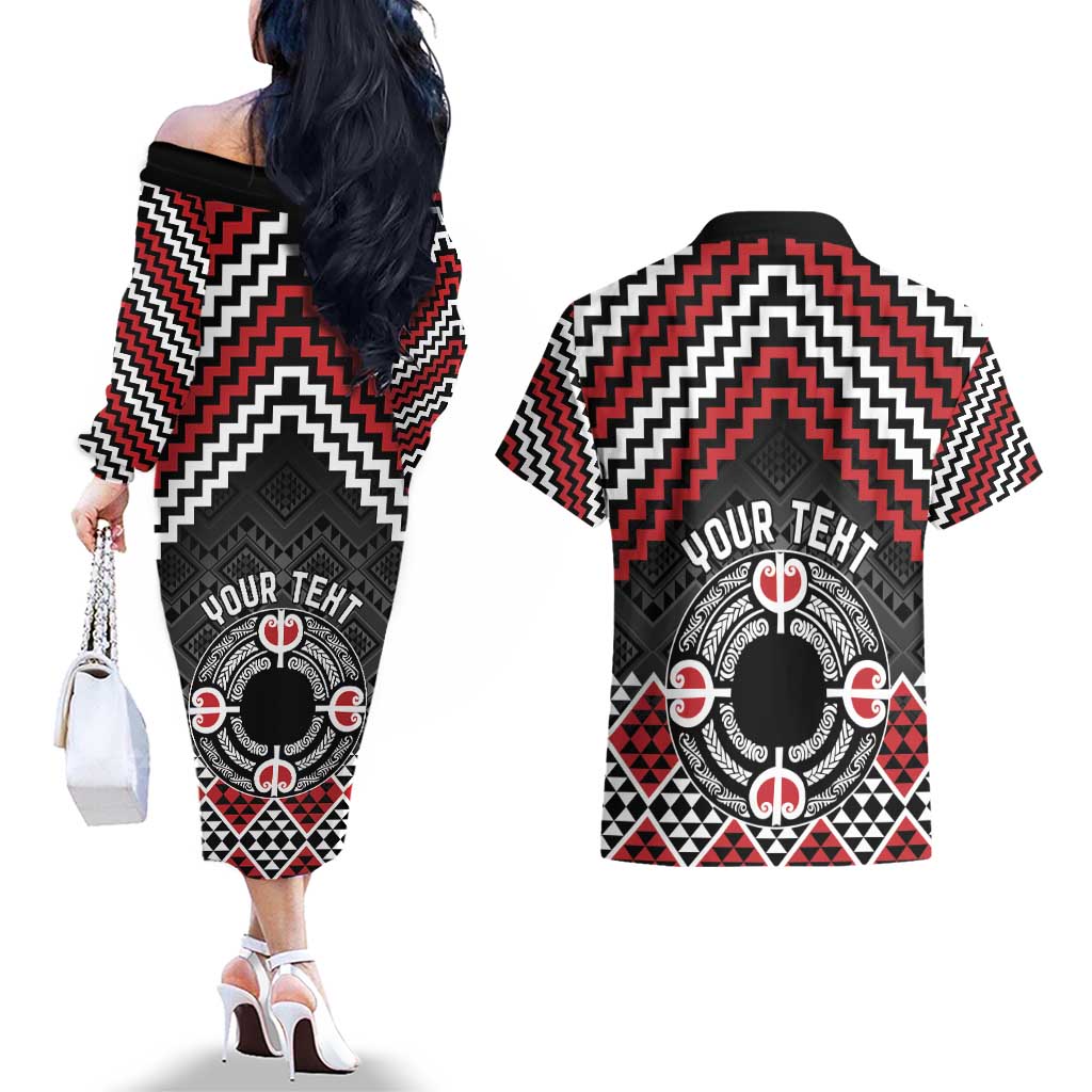 Personalised Aotearoa Niho Taniwha Motif Couples Matching Off The Shoulder Long Sleeve Dress and Hawaiian Shirt Red Style