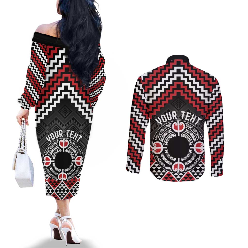 Personalised Aotearoa Niho Taniwha Motif Couples Matching Off The Shoulder Long Sleeve Dress and Long Sleeve Button Shirt Red Style