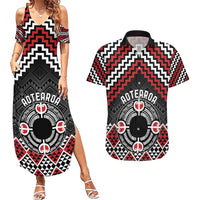 Personalised Aotearoa Niho Taniwha Motif Couples Matching Summer Maxi Dress and Hawaiian Shirt Red Style
