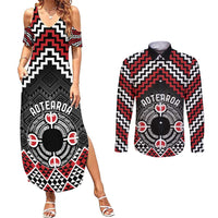 Personalised Aotearoa Niho Taniwha Motif Couples Matching Summer Maxi Dress and Long Sleeve Button Shirt Red Style