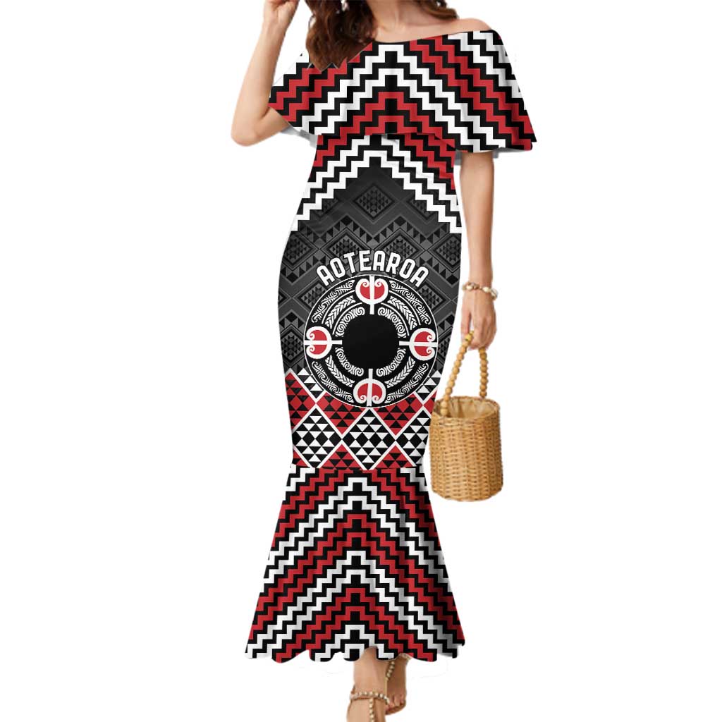 Personalised Aotearoa Niho Taniwha Motif Family Matching Mermaid Dress and Hawaiian Shirt Red Style