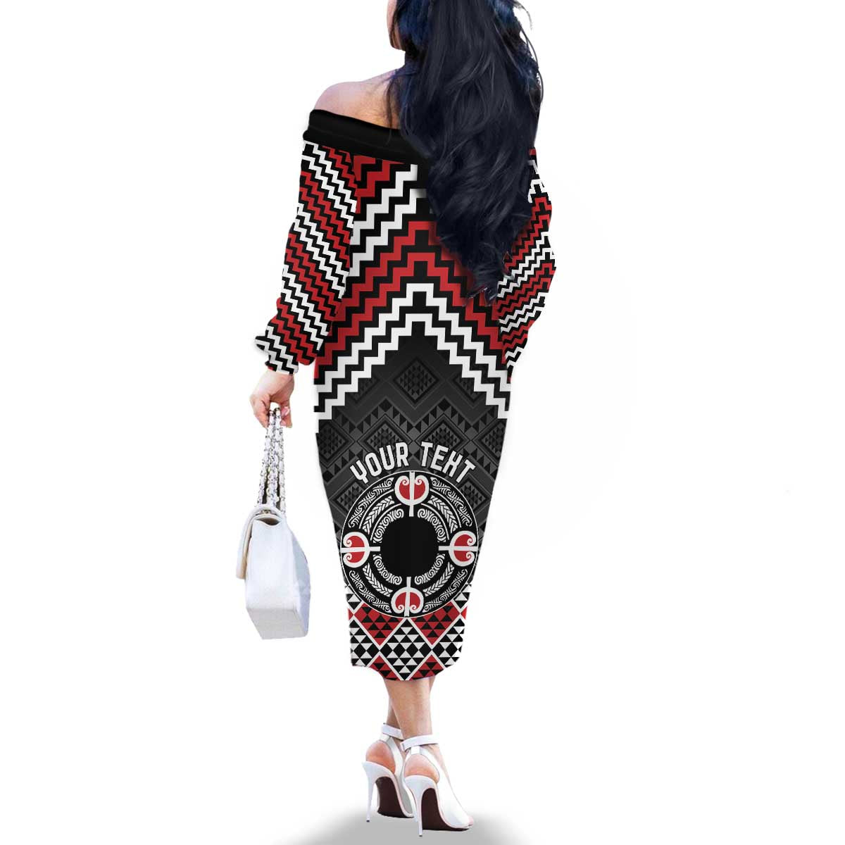 Personalised Aotearoa Niho Taniwha Motif Family Matching Off The Shoulder Long Sleeve Dress and Hawaiian Shirt Red Style