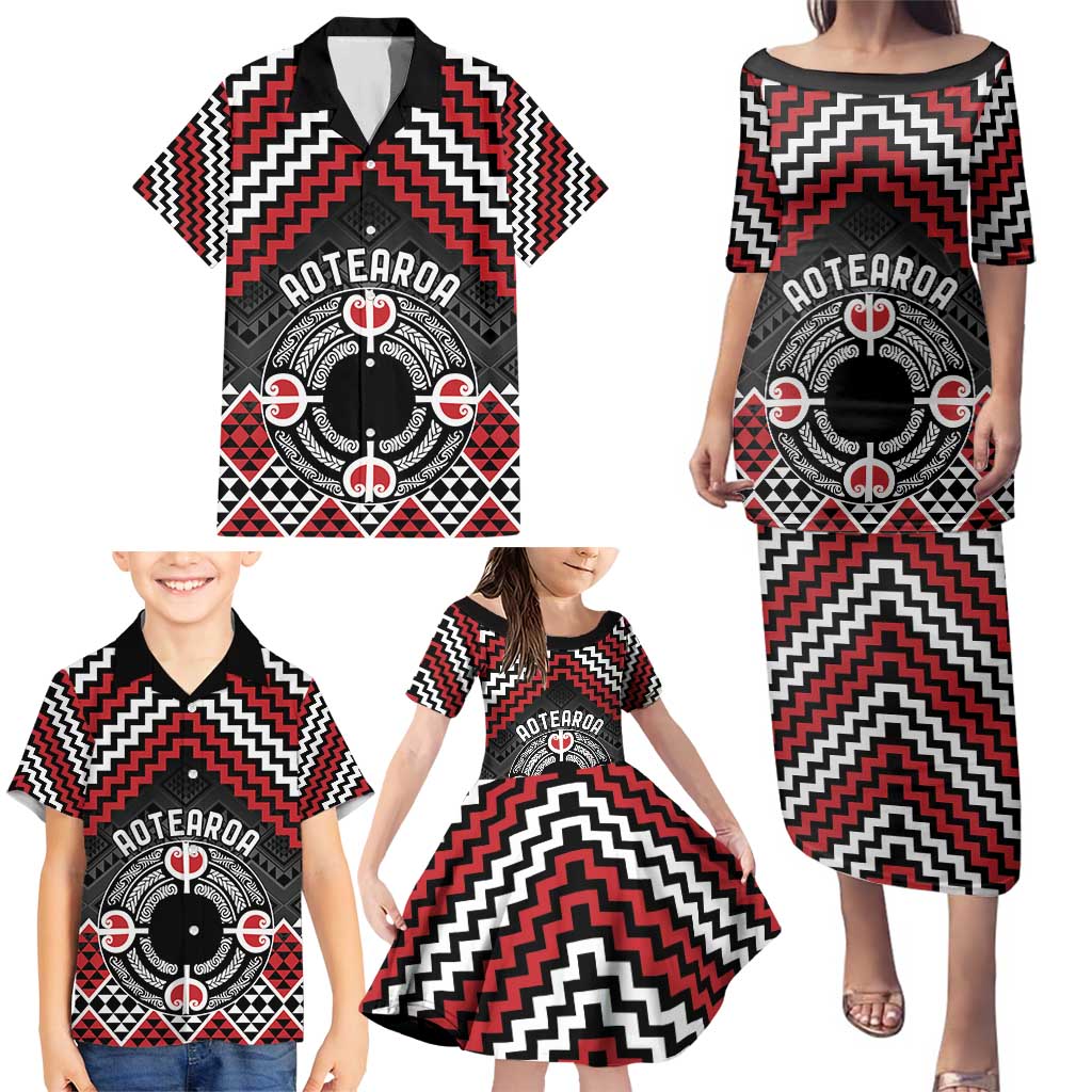Personalised Aotearoa Niho Taniwha Motif Family Matching Puletasi and Hawaiian Shirt Red Style