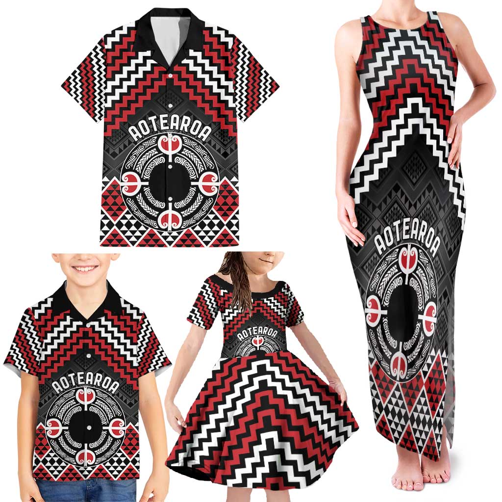 Personalised Aotearoa Niho Taniwha Motif Family Matching Tank Maxi Dress and Hawaiian Shirt Red Style