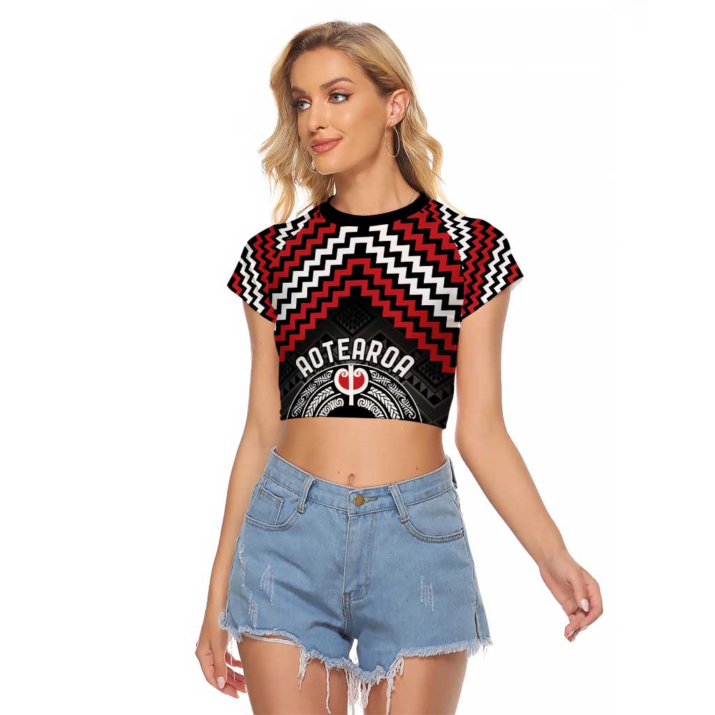 Personalised Aotearoa Niho Taniwha Motif Raglan Cropped T Shirt Red Style