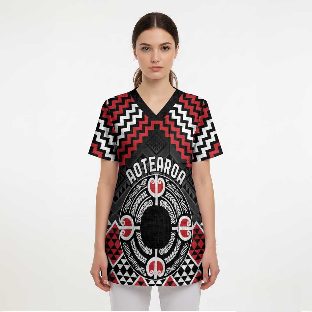 Personalised Aotearoa Niho Taniwha Motif Scrub Top Red Style - Polynesian Pride