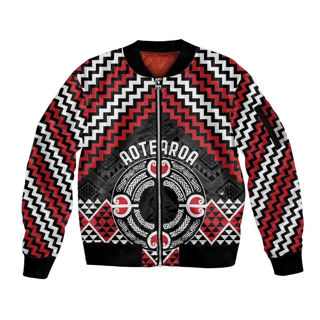 Personalised Aotearoa Niho Taniwha Motif Sleeve Zip Bomber Jacket Red Style