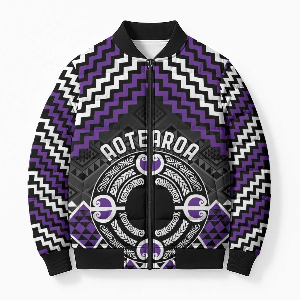 Personalised Aotearoa Niho Taniwha Motif Bomber Puffer Jacket Violet Style - Polynesian Pride