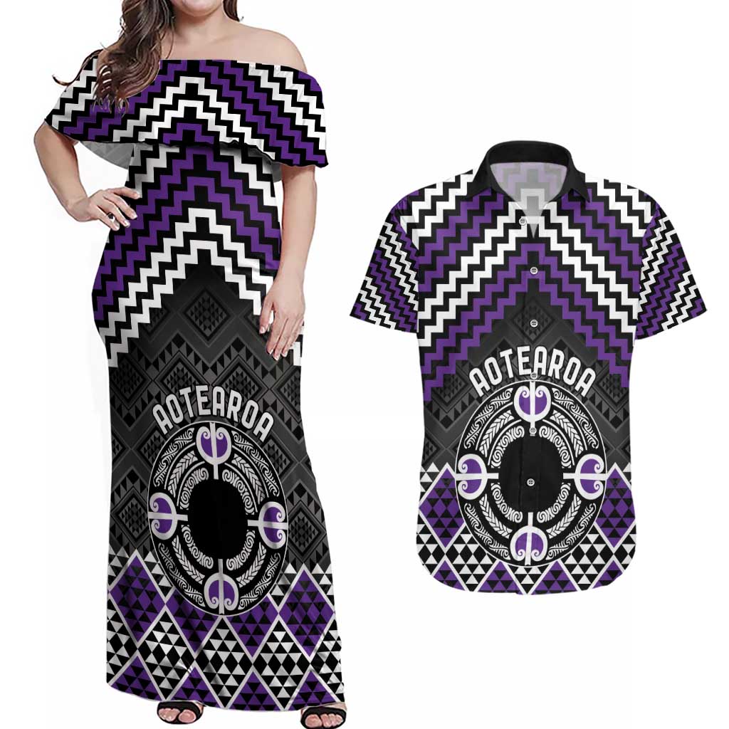 Personalised Aotearoa Niho Taniwha Motif Couples Matching Off Shoulder Maxi Dress and Hawaiian Shirt Violet Style