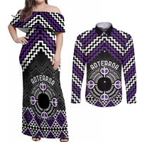 Personalised Aotearoa Niho Taniwha Motif Couples Matching Off Shoulder Maxi Dress and Long Sleeve Button Shirt Violet Style