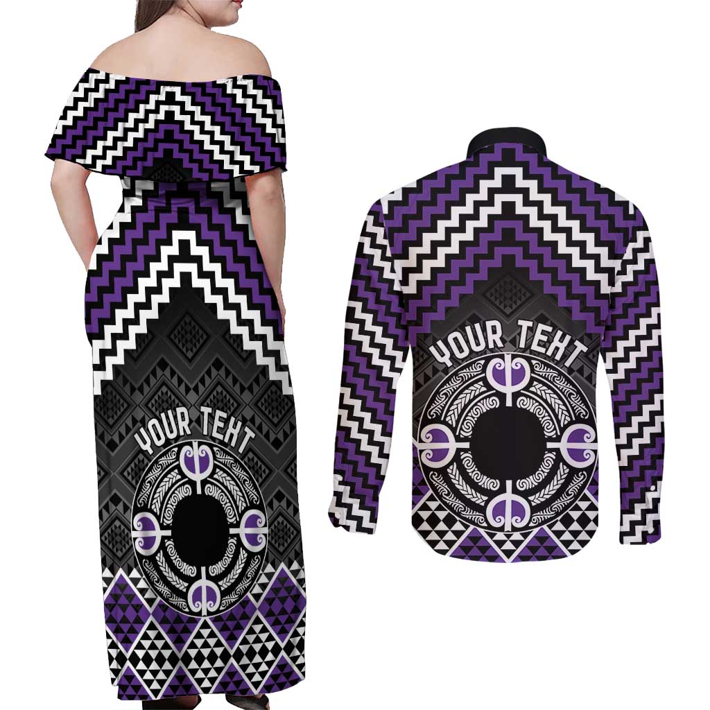 Personalised Aotearoa Niho Taniwha Motif Couples Matching Off Shoulder Maxi Dress and Long Sleeve Button Shirt Violet Style