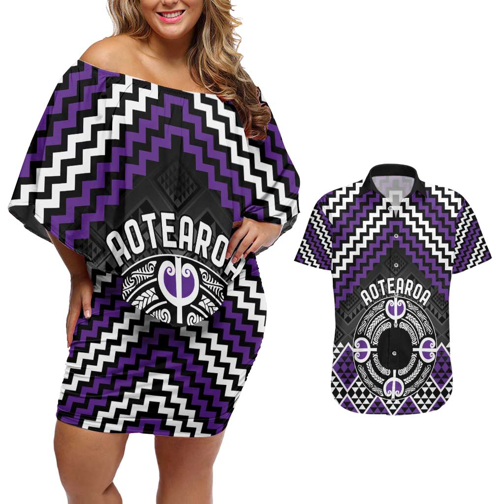 Personalised Aotearoa Niho Taniwha Motif Couples Matching Off Shoulder Short Dress and Hawaiian Shirt Violet Style