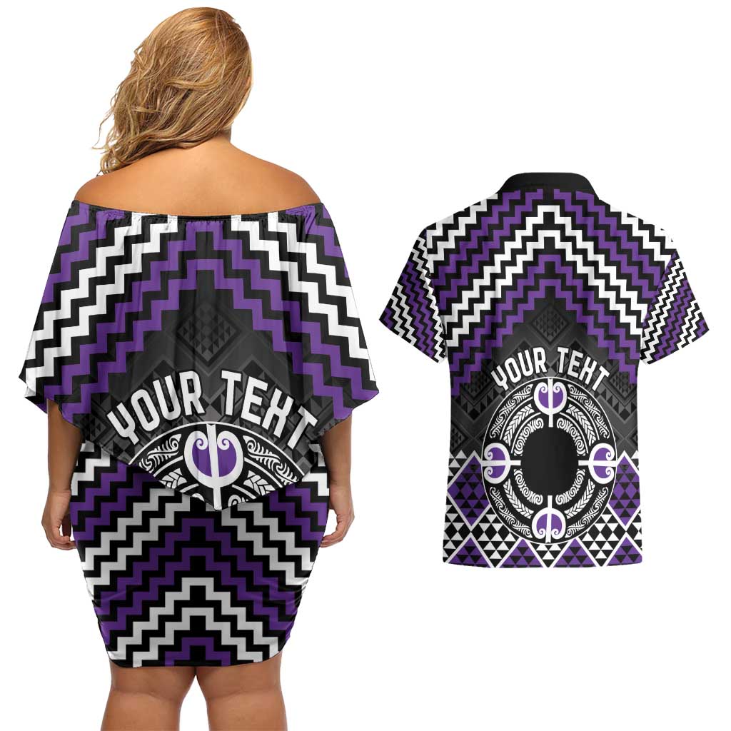Personalised Aotearoa Niho Taniwha Motif Couples Matching Off Shoulder Short Dress and Hawaiian Shirt Violet Style