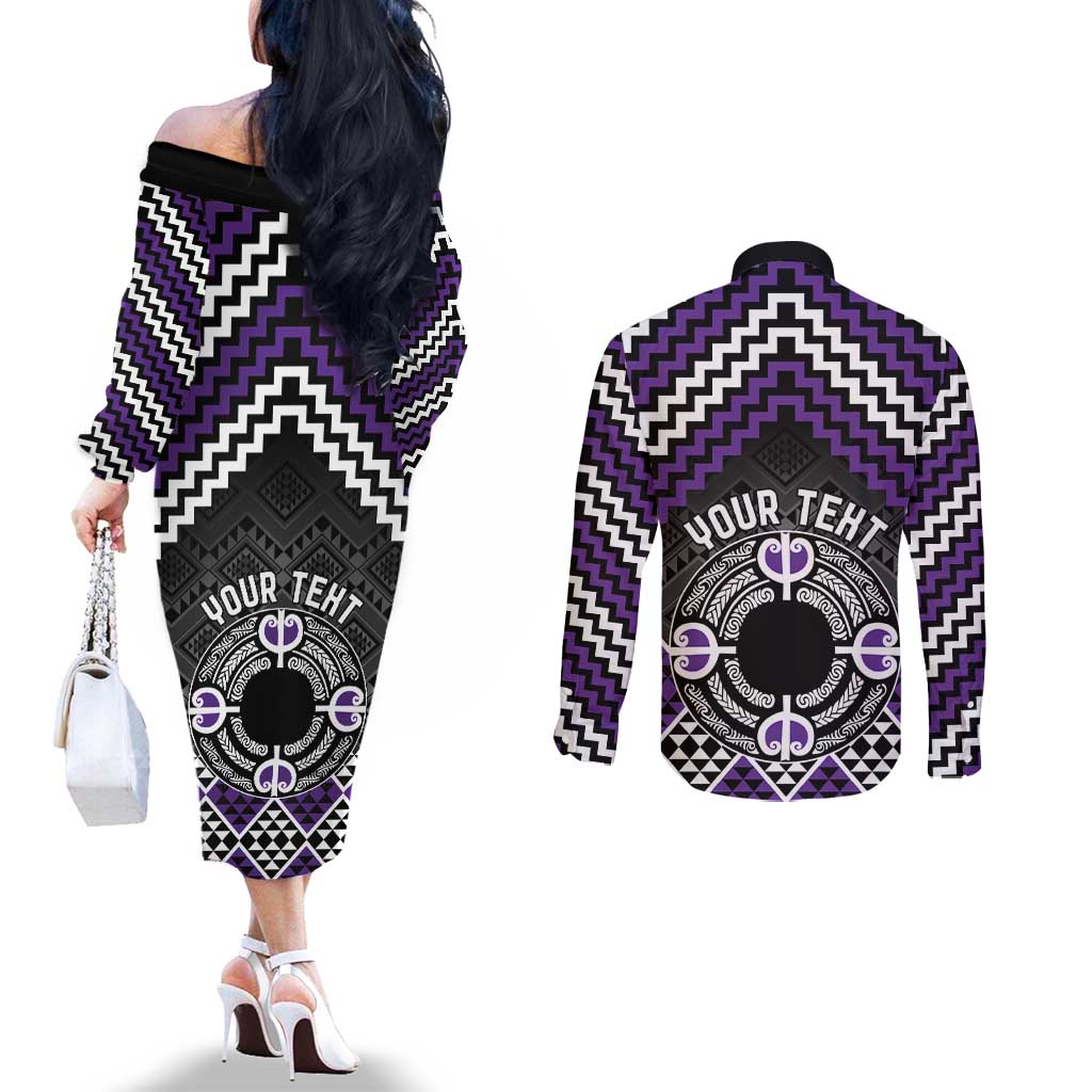 Personalised Aotearoa Niho Taniwha Motif Couples Matching Off The Shoulder Long Sleeve Dress and Long Sleeve Button Shirt Violet Style