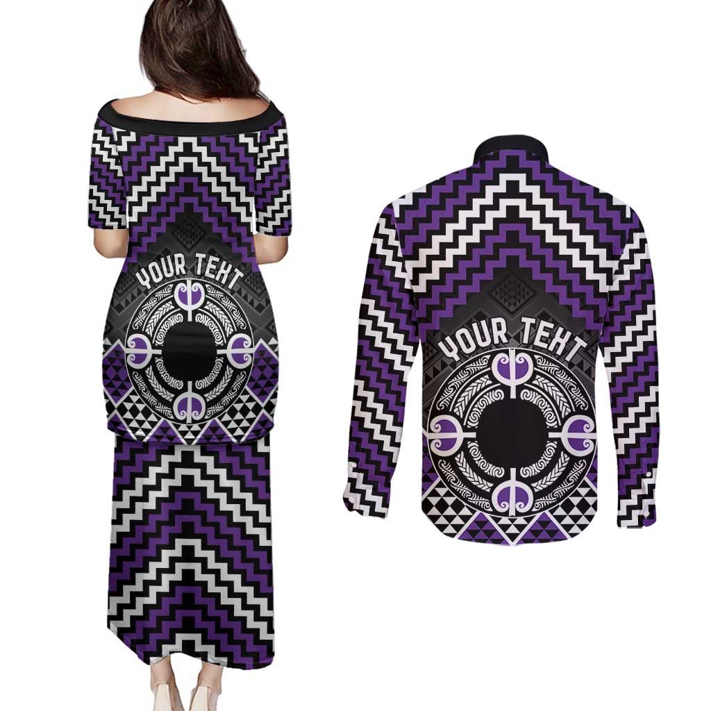 Personalised Aotearoa Niho Taniwha Motif Couples Matching Puletasi and Long Sleeve Button Shirt Violet Style