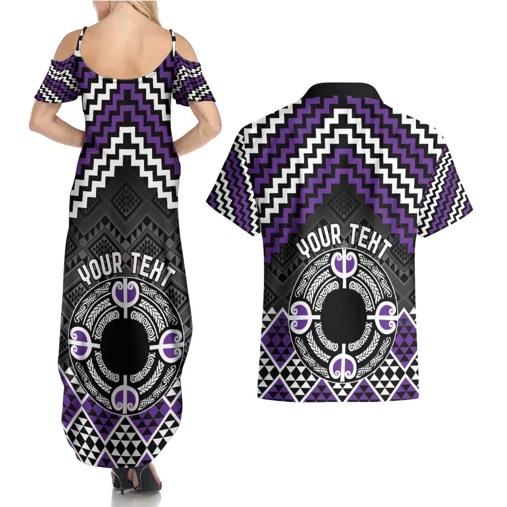 Personalised Aotearoa Niho Taniwha Motif Couples Matching Summer Maxi Dress and Hawaiian Shirt Violet Style