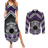 Personalised Aotearoa Niho Taniwha Motif Couples Matching Summer Maxi Dress and Long Sleeve Button Shirt Violet Style