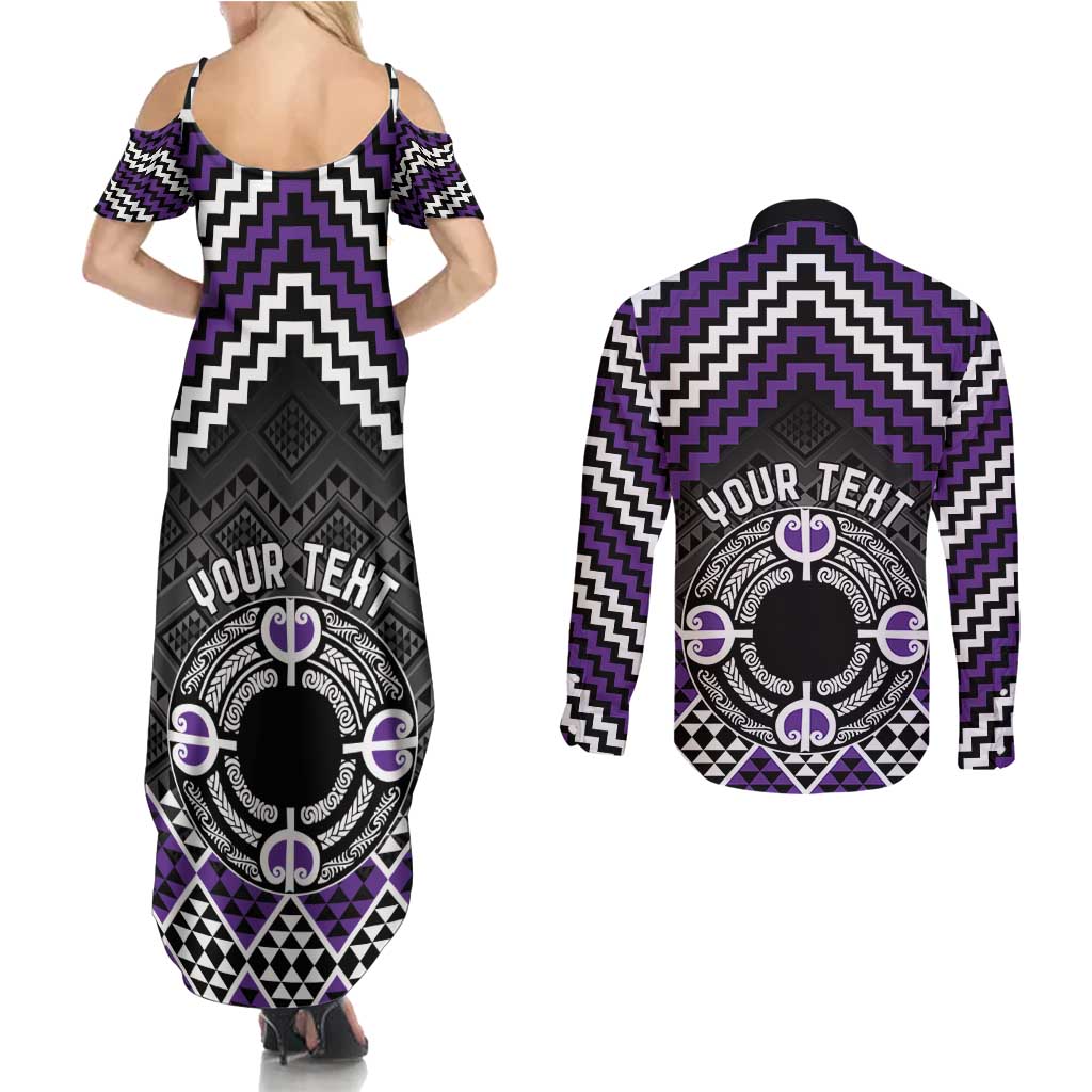 Personalised Aotearoa Niho Taniwha Motif Couples Matching Summer Maxi Dress and Long Sleeve Button Shirt Violet Style