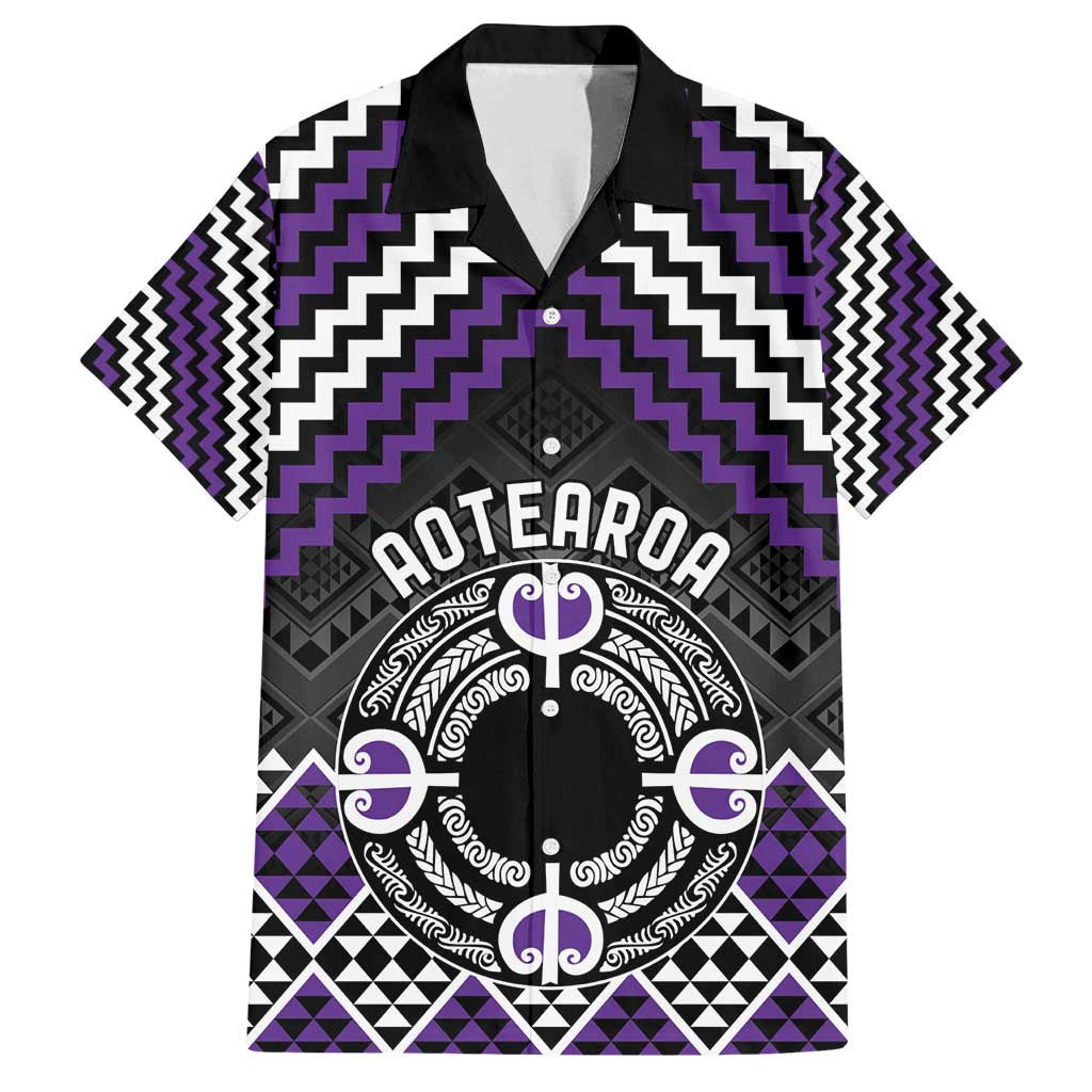 Personalised Aotearoa Niho Taniwha Motif Family Matching Long Sleeve Bodycon Dress and Hawaiian Shirt Violet Style
