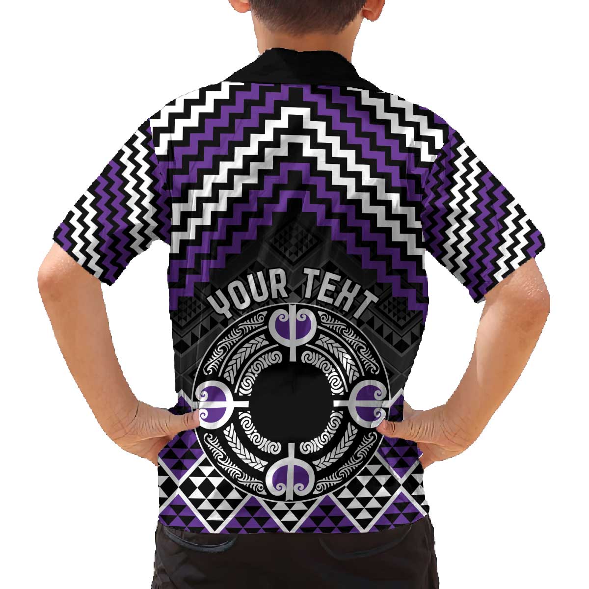 Personalised Aotearoa Niho Taniwha Motif Family Matching Off The Shoulder Long Sleeve Dress and Hawaiian Shirt Violet Style