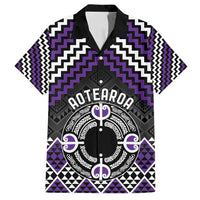 Personalised Aotearoa Niho Taniwha Motif Family Matching Off Shoulder Short Dress and Hawaiian Shirt Violet Style