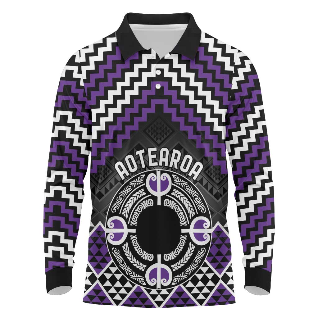 Personalised Aotearoa Niho Taniwha Motif Long Sleeve Polo Shirt Violet Style LT9 Violet - Polynesian Pride