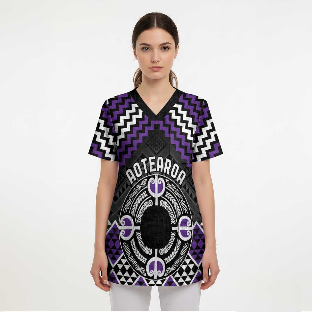 Personalised Aotearoa Niho Taniwha Motif Scrub Top Violet Style - Polynesian Pride