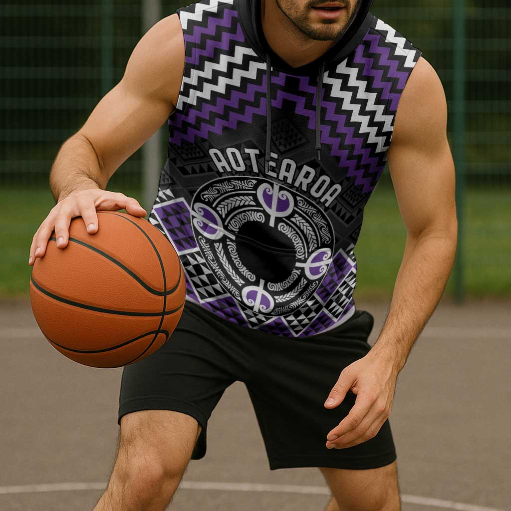 Personalised Aotearoa Niho Taniwha Motif Sleeveless Hoodie Violet Style - Polynesian Pride