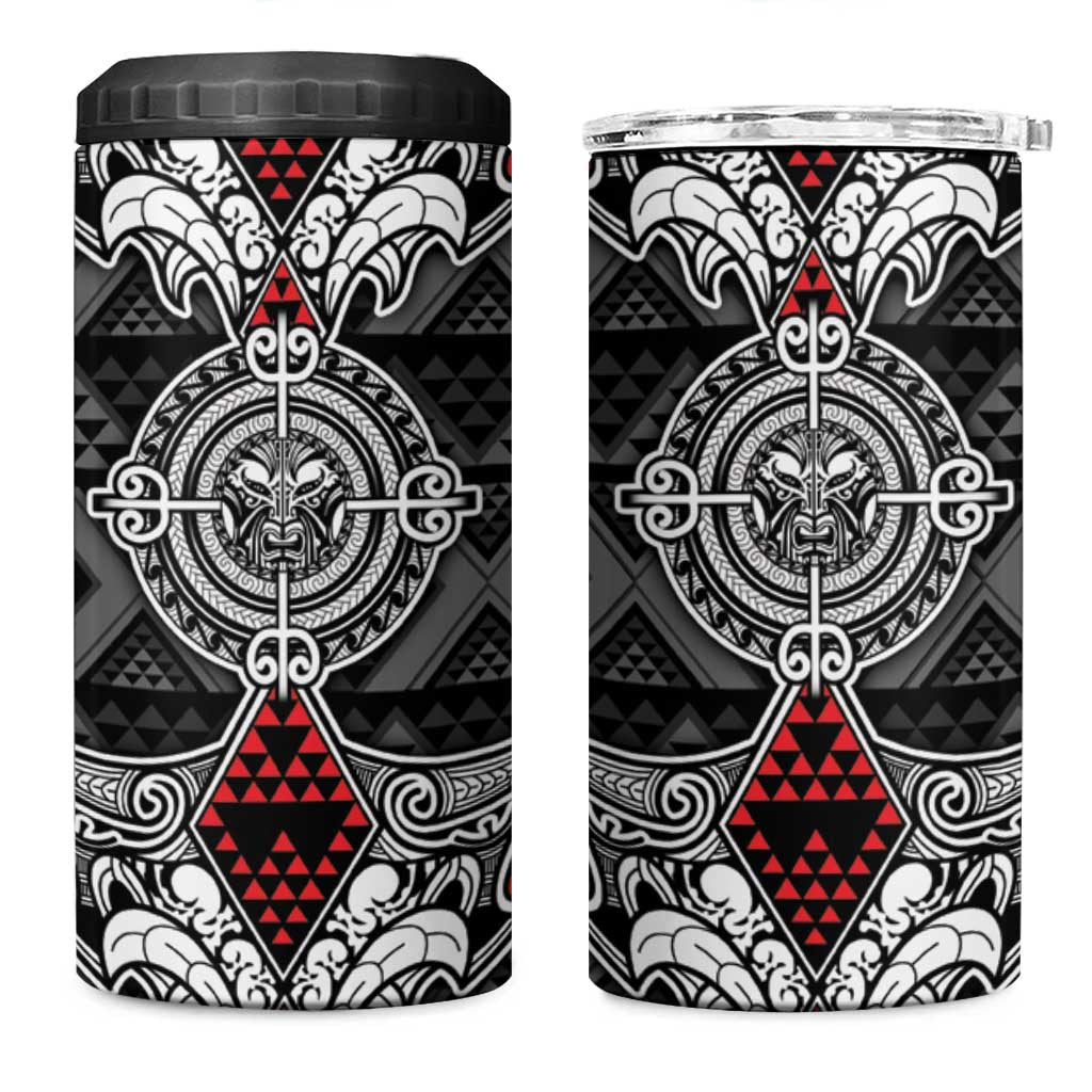 Black Aotearoa Taniko Motif 4 in 1 Can Cooler Tumbler Vintage Maori New Zealand Tribal Art Pattern