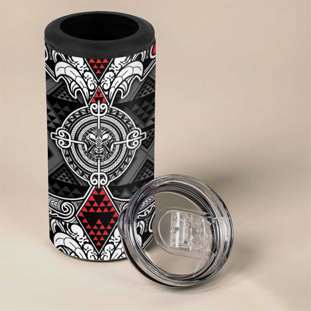 Black Aotearoa Taniko Motif 4 in 1 Can Cooler Tumbler Vintage Maori New Zealand Tribal Art Pattern
