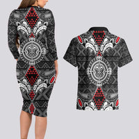 Black Aotearoa Tanilo Motif Couples Matching Long Sleeve Bodycon Dress and Hawaiian Shirt Vintage Maori New Zealand Tribal Art Pattern