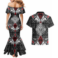 Black Aotearoa Tanilo Motif Couples Matching Mermaid Dress and Hawaiian Shirt Vintage Maori New Zealand Tribal Art Pattern
