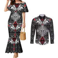 Black Aotearoa Tanilo Motif Couples Matching Mermaid Dress and Long Sleeve Button Shirt Vintage Maori New Zealand Tribal Art Pattern
