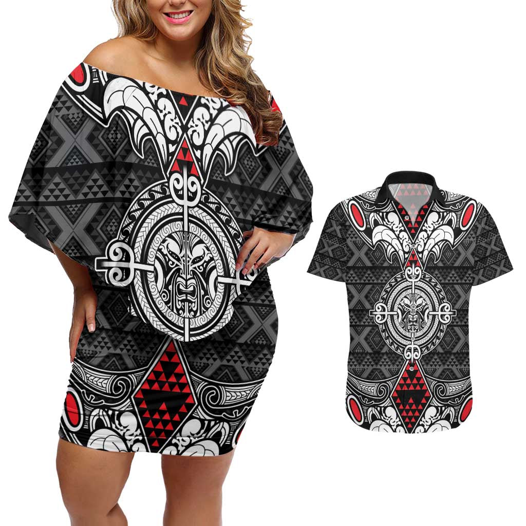 Black Aotearoa Tanilo Motif Couples Matching Off Shoulder Short Dress and Hawaiian Shirt Vintage Maori New Zealand Tribal Art Pattern