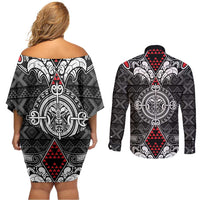 Black Aotearoa Tanilo Motif Couples Matching Off Shoulder Short Dress and Long Sleeve Button Shirt Vintage Maori New Zealand Tribal Art Pattern