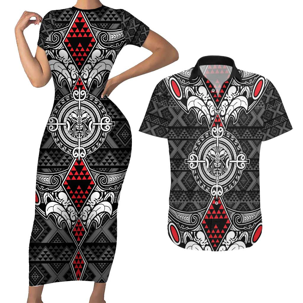 Black Aotearoa Tanilo Motif Couples Matching Short Sleeve Bodycon Dress and Hawaiian Shirt Vintage Maori New Zealand Tribal Art Pattern