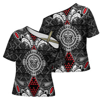Black Aotearoa Taniko Motif Cross Shoulder Shirt Vintage Maori New Zealand Tribal Art Pattern - Polynesian Pride