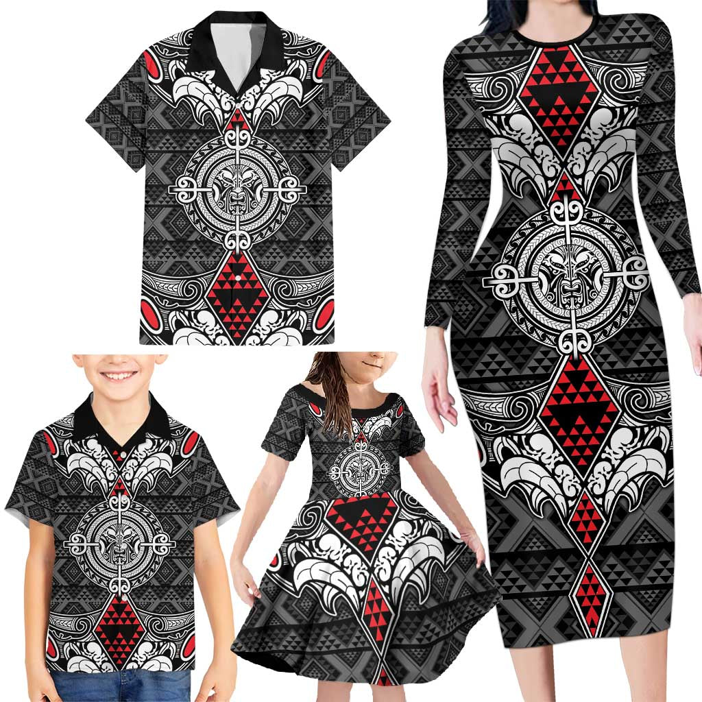 Black Aotearoa Tanilo Motif Family Matching Long Sleeve Bodycon Dress and Hawaiian Shirt Vintage Maori New Zealand Tribal Art Pattern LT9 - Polynesian Pride