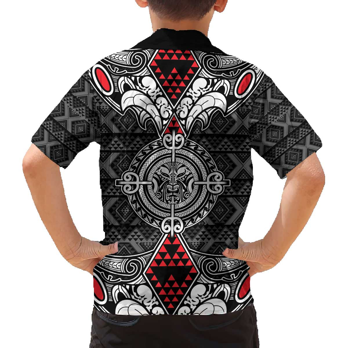 Black Aotearoa Tanilo Motif Family Matching Off The Shoulder Long Sleeve Dress and Hawaiian Shirt Vintage Maori New Zealand Tribal Art Pattern LT9 - Polynesian Pride