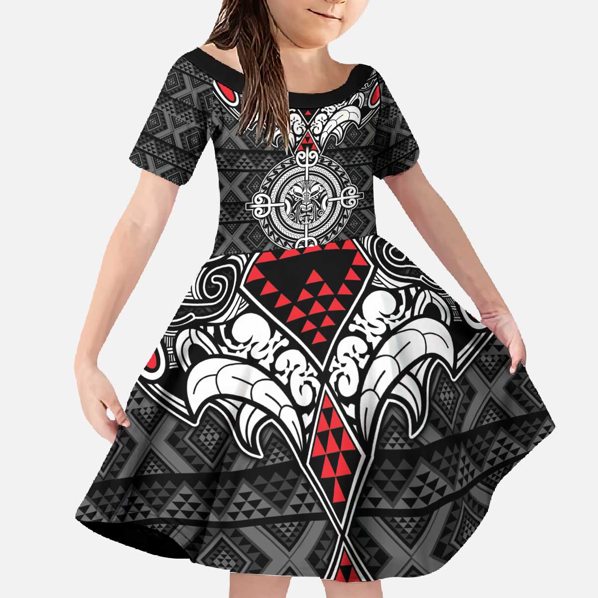 Black Aotearoa Tanilo Motif Family Matching Off The Shoulder Long Sleeve Dress and Hawaiian Shirt Vintage Maori New Zealand Tribal Art Pattern LT9 Daughter's Dress Black - Polynesian Pride