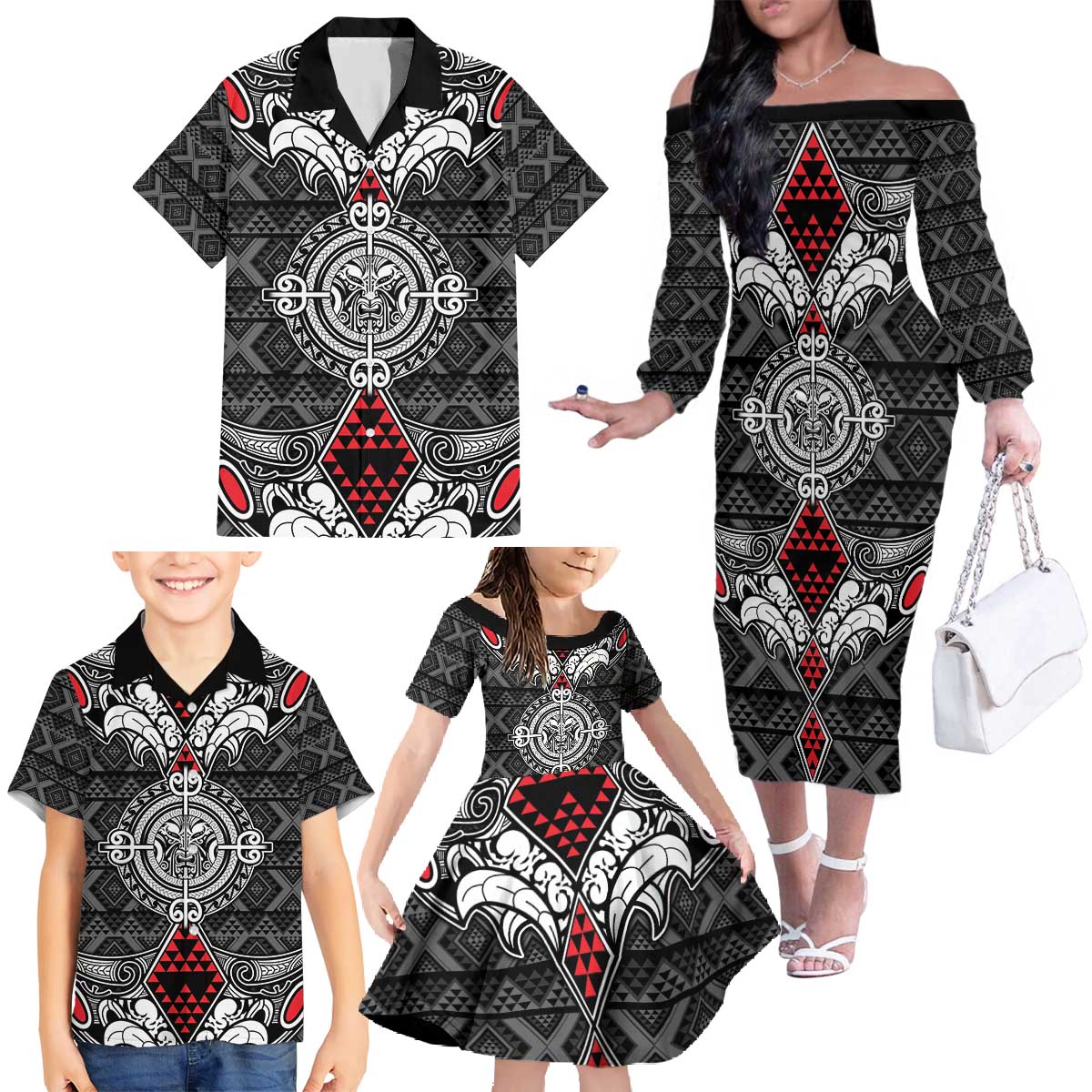 Black Aotearoa Tanilo Motif Family Matching Off The Shoulder Long Sleeve Dress and Hawaiian Shirt Vintage Maori New Zealand Tribal Art Pattern LT9 - Polynesian Pride