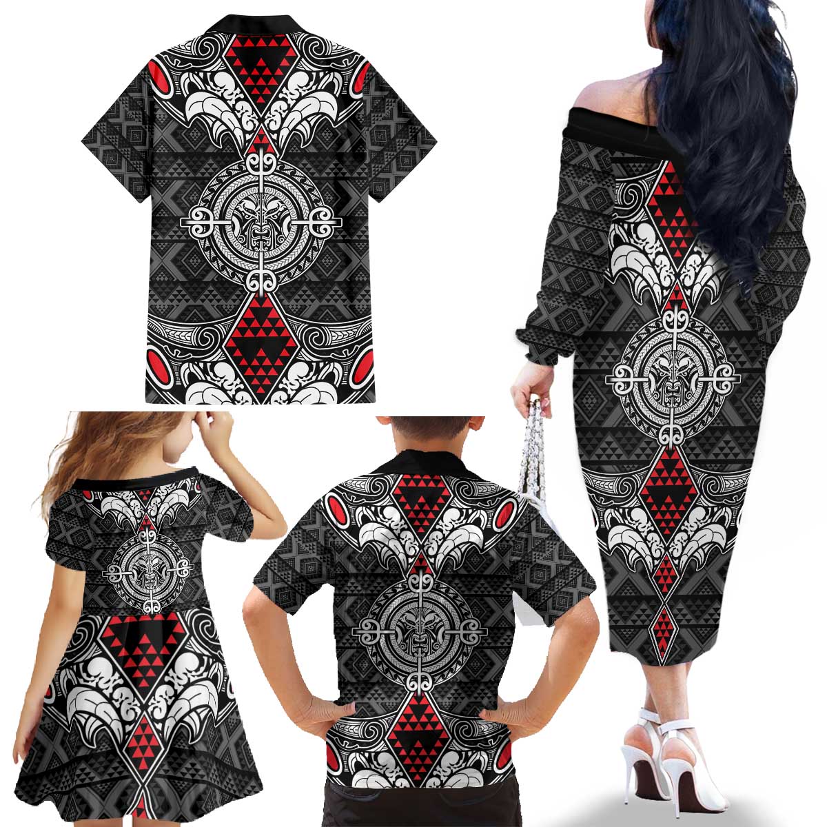 Black Aotearoa Tanilo Motif Family Matching Off The Shoulder Long Sleeve Dress and Hawaiian Shirt Vintage Maori New Zealand Tribal Art Pattern LT9 - Polynesian Pride