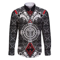 Black Aotearoa Tanilo Motif Family Matching Off The Shoulder Long Sleeve Dress and Hawaiian Shirt Vintage Maori New Zealand Tribal Art Pattern LT9 Dad's Shirt - Long Sleeve Black - Polynesian Pride