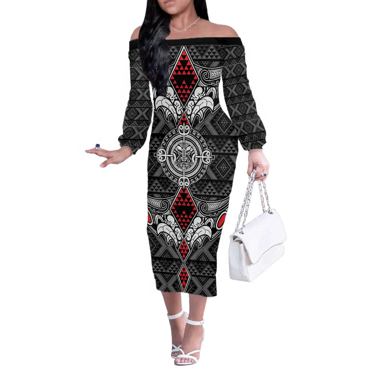 Black Aotearoa Tanilo Motif Family Matching Off The Shoulder Long Sleeve Dress and Hawaiian Shirt Vintage Maori New Zealand Tribal Art Pattern LT9 Mom's Dress Black - Polynesian Pride