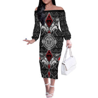 Black Aotearoa Tanilo Motif Family Matching Off The Shoulder Long Sleeve Dress and Hawaiian Shirt Vintage Maori New Zealand Tribal Art Pattern LT9 Mom's Dress Black - Polynesian Pride